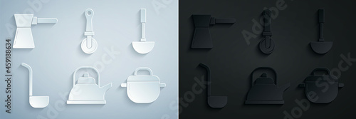 Set Kettle with handle, Kitchen ladle, Cooking pot, Pizza knife and Coffee turk icon. Vector