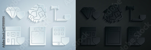 Set Empty form, Judge gavel with shield, Medical hospital building, Smartphone insurance, Crumpled paper ball and Diamond icon. Vector