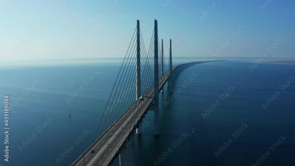 Panoramic aerial view of the Oresundsbron bridge between Denmark and Sweden. Close up view of the Oresund Bridge on a clear sunny day.