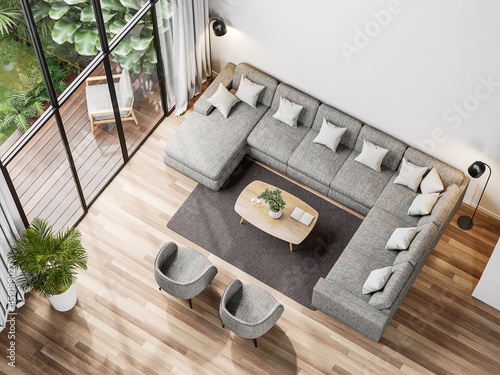 Fototapeta Naklejka Na Ścianę i Meble -  Top view of modern living room with tropical style garden view 3d render,The Rooms have wooden floors ,decorate with gray fabric sofa, Overlooks wooden terrace and green garden.