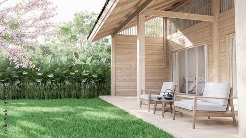 Fototapeta Naklejka Na Ścianę i Meble -  Wooden terrace with green lawn 3d render decorate with white fabric chair