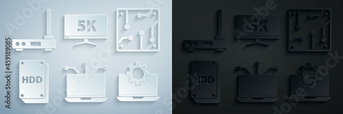 Set Laptop, Processor, Hard disk drive HDD, and gear, Monitor display with 5k video and Router wi-fi signal icon. Vector
