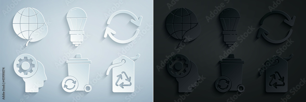 Set Recycle bin with recycle symbol, Refresh, Human head gear inside, Tag, LED light bulb and Earth globe and leaf icon. Vector