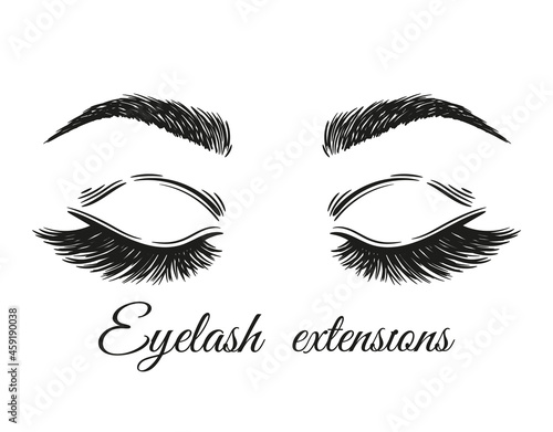Eyelash extension. Long lashes and eyebrows. Closed woman eyes closeup. Makeup volume mascara. Permanent tattoo, styling and correction brows shape maker. Beauty salon face cosmetic procedure. Vector 