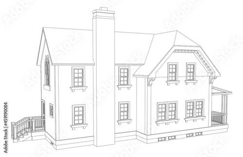 Old house in Victorian style. Illustration on white background. Black and white illustration in contour lines. Species from different sides.