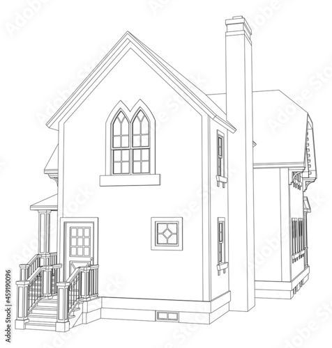Old house in Victorian style. Illustration on white background. Black and white illustration in contour lines. Species from different sides.