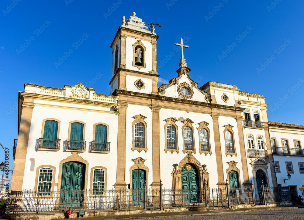 Rococo-style facade of a old church created in the 18th century in the Pelourinho district, historic center of Salvador, Bahia