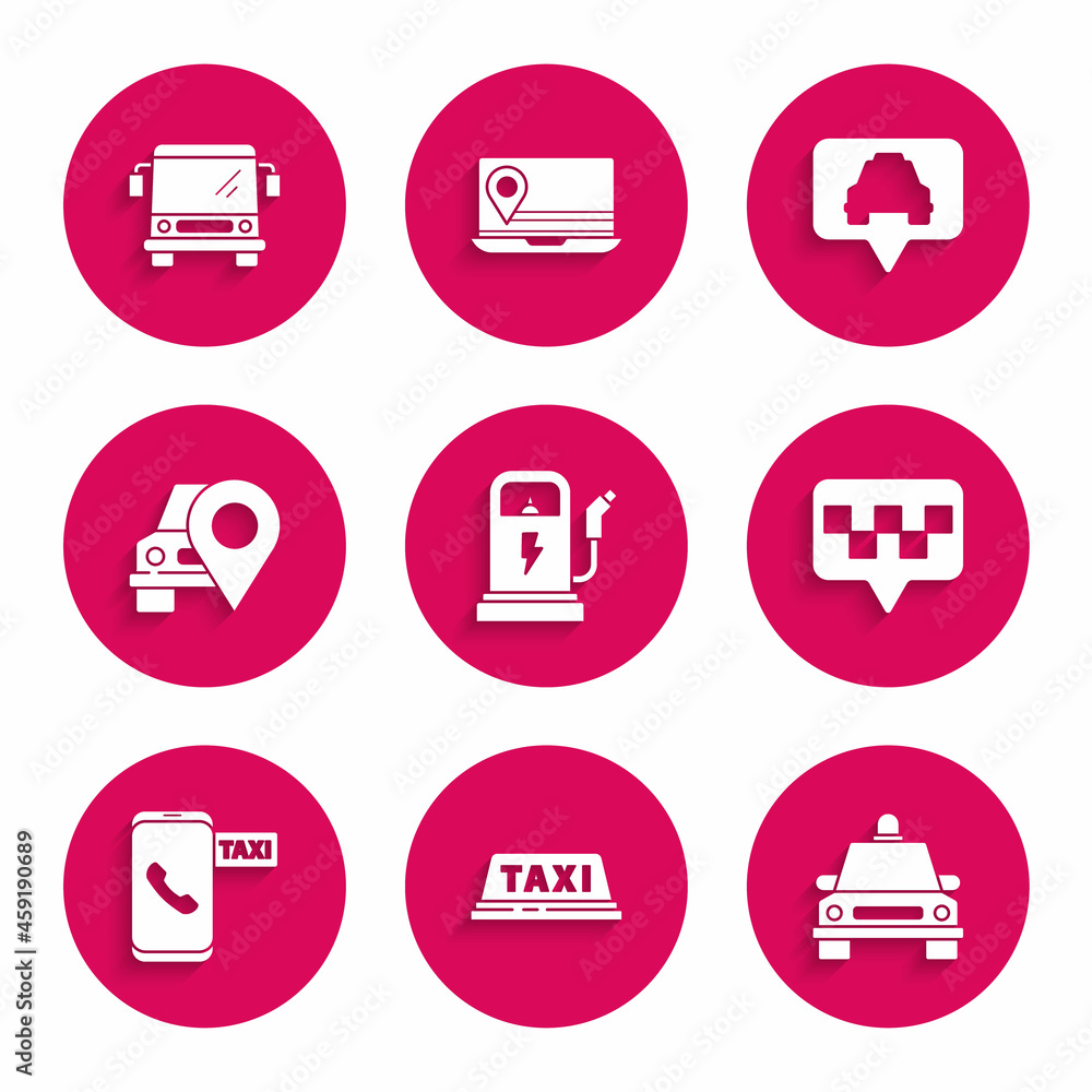 Set Electric car charging station, Taxi roof, Map pointer with taxi, call telephone service, and Bus icon. Vector Set Electric car charging station, Taxi roof, Map pointer with taxi, call telephone service, and Bus icon. Vector