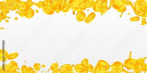 Bitcoin, internet currency coins falling. Immaculate scattered BTC coins. Cryptocurrency, digital money. Ecstatic jackpot, wealth or success concept. Vector illustration.