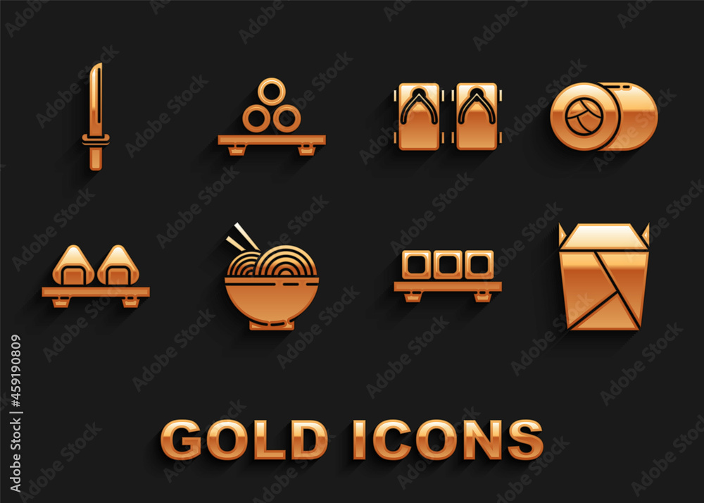 Set Asian noodles in bowl and chopsticks, Sushi, Rstaurant opened take out box filled, on cutting board, Geta traditional Japanese shoes, katana and icon. Vector Set Asian noodles in bowl and chopsticks, Sushi, Rstaurant opened take out box filled, on cutting board, Geta traditional Japanese shoes, katana and icon. Vector
