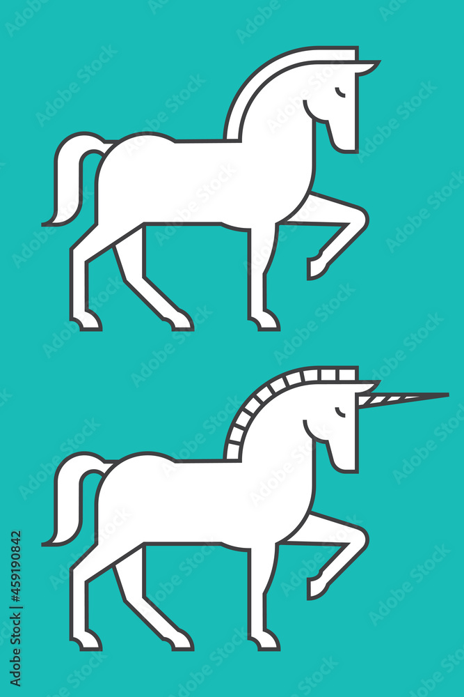 Horse and Unicorn vector illustrations. Set of two simplified drawings