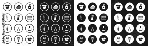 Set Bottle of shampoo, Hairdresser pistol spray bottle, Curling iron for hair, Mustache and beard, Barbershop, Shaving gel foam, Aftershave and Straight razor icon. Vector