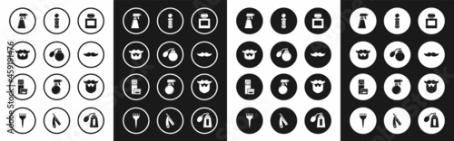 Set Aftershave, bottle with atomizer, Mustache and beard, Hairdresser pistol spray, Classic Barber shop pole, and Shaving gel foam icon. Vector