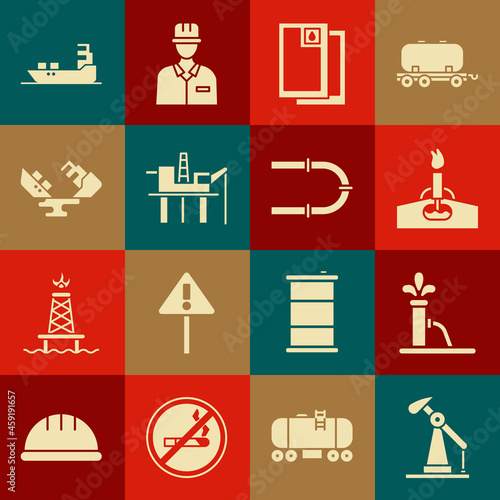 Set Oil pump or pump jack, rig with fire, Barrel oil, platform in the sea, Wrecked tanker ship, and Industry pipe icon. Vector