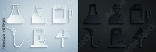 Set Petrol or gas station, Contract money and pen, Gasoline pump nozzle, Exclamation mark triangle, Oilman and petrol test tube icon. Vector