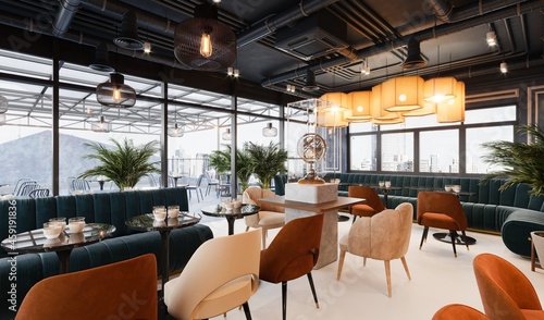 3d render of restaurant interior, cafe bar