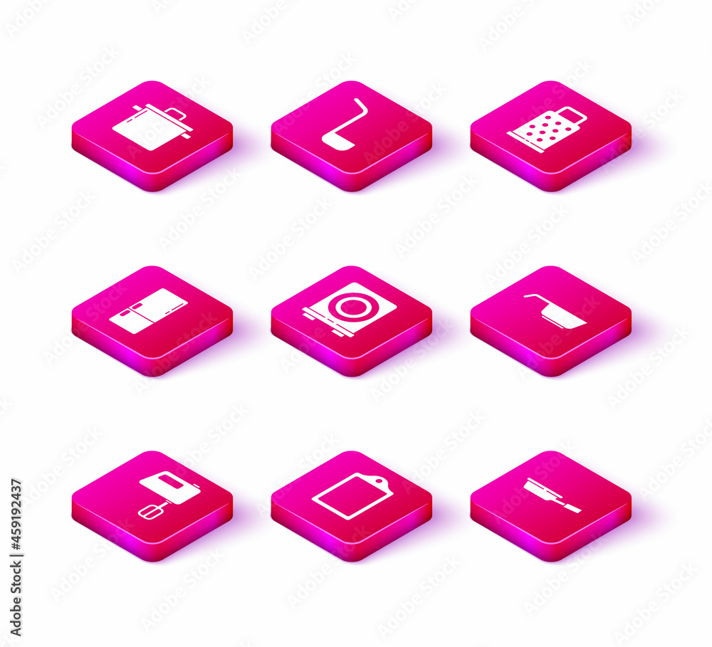 Set Electric mixer, Cutting board, Refrigerator, stove, Frying pan, Grater and Kitchen ladle icon. Vector Set Electric mixer, Cutting board, Refrigerator, stove, Frying pan, Grater and Kitchen ladle icon. Vector