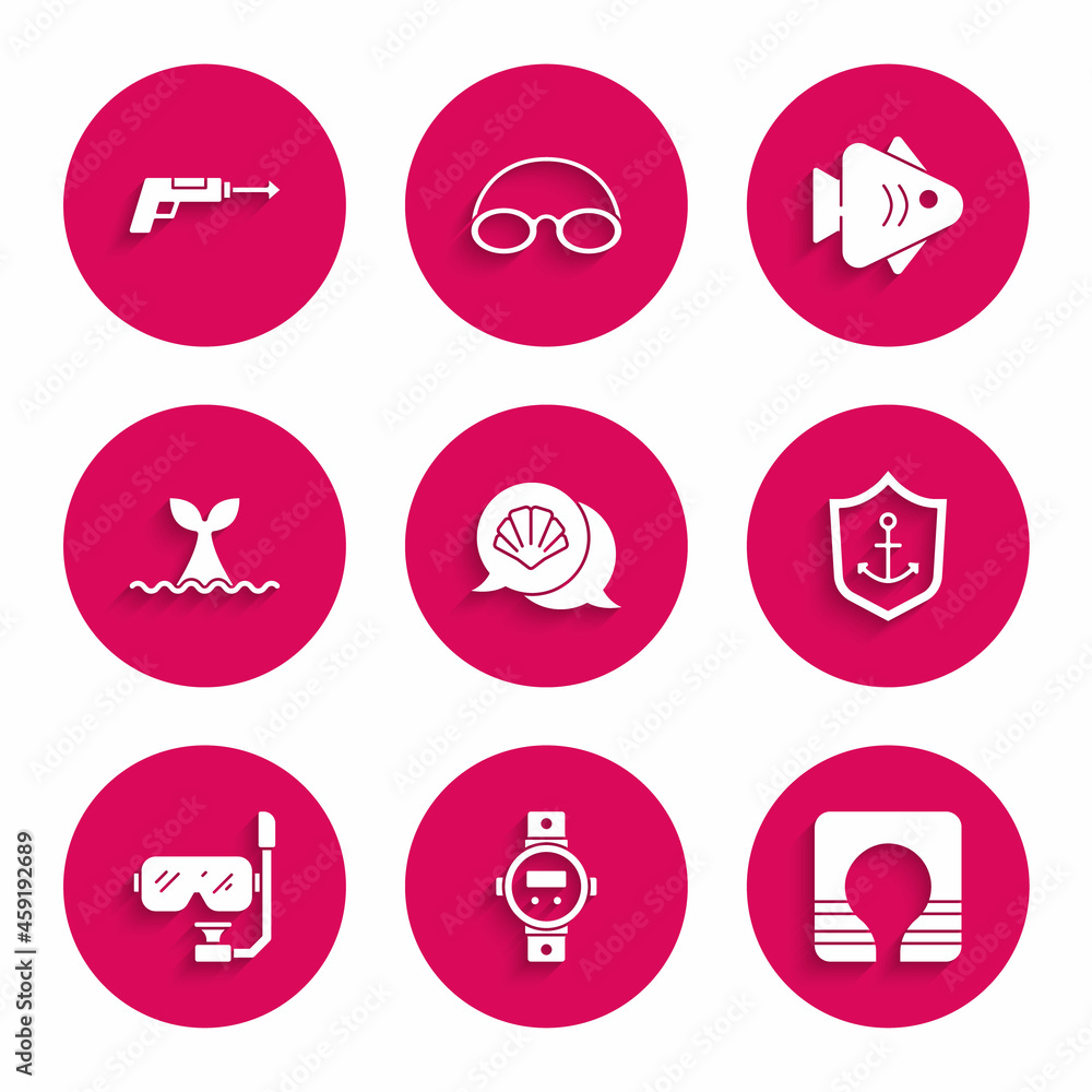 Set Scallop sea shell, Diving watch, Life jacket, Anchor inside shield, mask and snorkel, Whale tail ocean wave, Fish and Fishing harpoon icon. Vector Set Scallop sea shell, Diving watch, Life jacket, Anchor inside shield, mask and snorkel, Whale tail ocean wave, Fish and Fishing harpoon icon. Vector