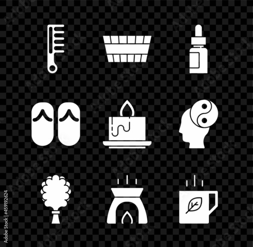 Set Hairbrush, Sauna bucket, Essential oil bottle, broom, Aroma candle, Cup of tea leaf, Flip flops and icon. Vector