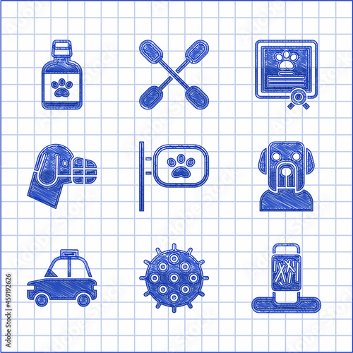 Set Pet grooming, Tennis ball, Cat scratching post, Dog, car taxi, muzzle, Certificate for dog or cat and medicine bottle icon. Vector