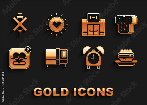 Set Bed, Bread toast, Junk food, Alarm clock, Mobile with heart rate, Gym building, No doping syringe and Sun icon. Vector