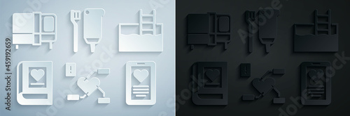 Set Attention to health heart, Swimming pool with ladder, Medical book, clipboard, Toothbrush and toothpaste and Bed icon. Vector