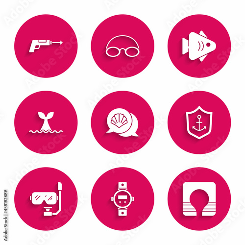 Set Scallop sea shell, Diving watch, Life jacket, Anchor inside shield, mask and snorkel, Whale tail ocean wave, Fish and Fishing harpoon icon. Vector