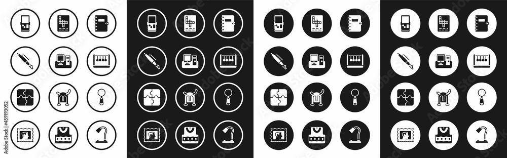 Set Spiral notebook, Monitor with keyboard, Fountain pen nib, Tetris, Pendulum, Crossword, Magnifying glass and Piece of puzzle icon. Vector Set Spiral notebook, Monitor with keyboard, Fountain pen nib, Tetris, Pendulum, Crossword, Magnifying glass and Piece of puzzle icon. Vector