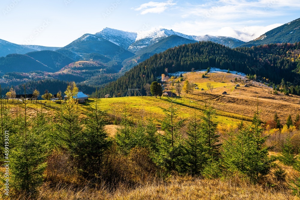 Beautiful forests covering the Carpathian mountains and a small village