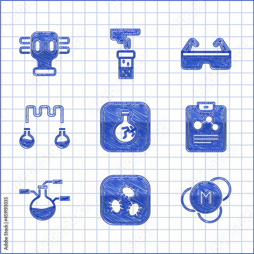 Set Cracked flask, Bacteria, Molecule, Chemistry report, Test tube and, Safety goggle glasses and Gas mask icon. Vector