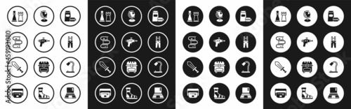 Set Burger, Ray gun, Book, Chess, Pants with suspenders, Earth globe, Table lamp and Sword for game icon. Vector