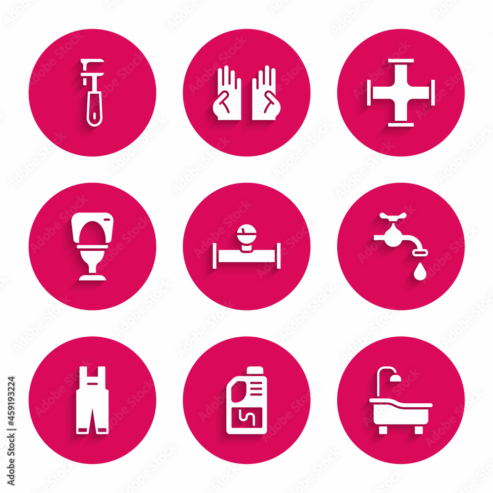 Set Industry pipe and manometer, Drain cleaner bottle, Bathtub, Water tap, Work overalls, Toilet bowl, metallic and Pipe adjustable wrench icon. Vector Set Industry pipe and manometer, Drain cleaner bottle, Bathtub, Water tap, Work overalls, Toilet bowl, metallic and Pipe adjustable wrench icon. Vector