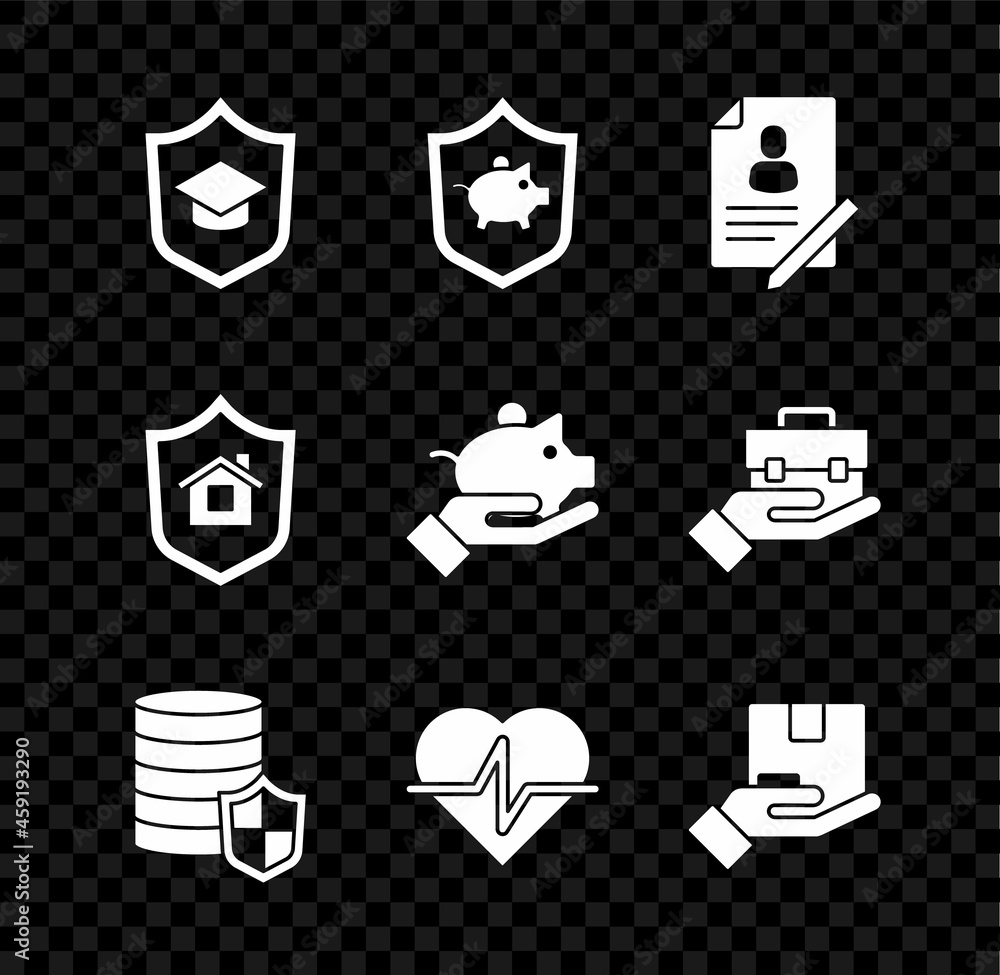 Set Graduation cap with shield, Piggy bank, Document, Money, Life insurance, Delivery, House and hand icon. Vector Set Graduation cap with shield, Piggy bank, Document, Money, Life insurance, Delivery, House and hand icon. Vector
