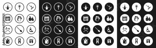 Set Mop, Cleaning service, Dishwasher machine, Kitchen apron, Garbage bag, Toilet brush, Dishwashing liquid bottle and Iron and ironing board icon. Vector