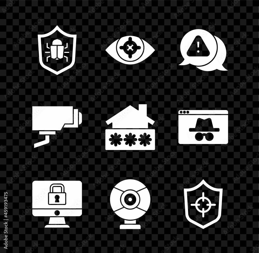 Set System bug, Eye scan, Exclamation mark in triangle, Lock monitor, Security camera, Shield, and House with password icon. Vector