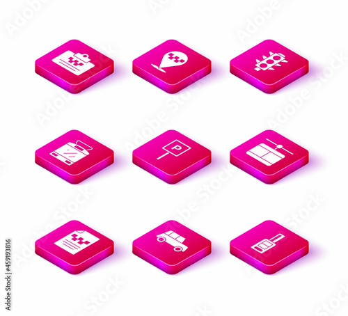 Set Taxi driver license, Car, Tram and railway, Parking, key with remote, Cable car, Traffic light and Location taxi icon. Vector
