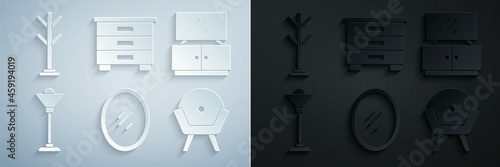 Set Mirror, TV table stand, Floor lamp, Armchair, Furniture nightstand and Coat icon. Vector
