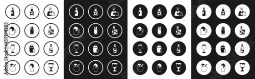 Set Whiskey bottle and glass, Cocktail Bloody Mary, Wooden beer mug, Wine, Beer can, and icon. Vector
