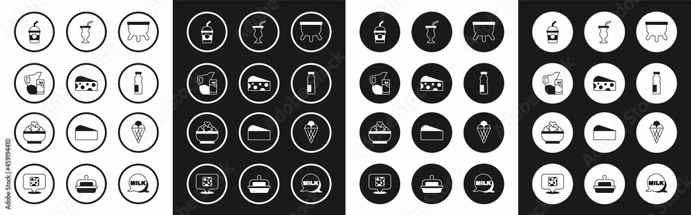 Set Udder, Cheese, Milk jug or pitcher and glass, Milkshake, Drinking yogurt in bottle, Ice cream waffle cone and Cottage cheese icon. Vector Set Udder, Cheese, Milk jug or pitcher and glass, Milkshake, Drinking yogurt in bottle, Ice cream waffle cone and Cottage cheese icon. Vector