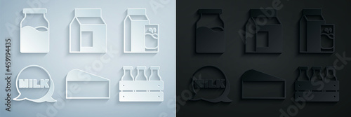 Set Cheese, Paper package for kefir, Lettering milk, Bottled wooden box, and with icon. Vector