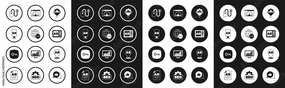 Set Sales funnel with gear, Advertising, Website statistic, and Key icon. Vector