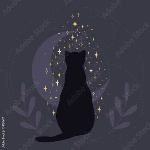 Czarny kot przynoszący szczęście patrzący na spadające gwiazdy. Sylwetka mistycznego kota na tle półksiężyca. Romantyczna gotycka ilustracja wektorowa.