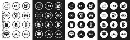Set Petrol or gas station, Motor gauge, Electrical cable plug charging, Oil tank storage, Gas for vehicle, filling and Canister motor oil icon. Vector