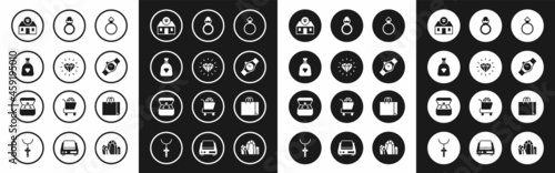 Set Diamond engagement ring, Bag with gems, Jewelry store, Wrist watch, Shopping bag jewelry and box icon. Vector