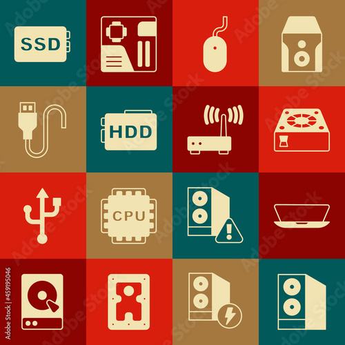 Set Case of computer, Laptop, Computer cooler, mouse, Hard disk drive HDD, USB cable cord, SSD card and Router and wi-fi signal icon. Vector