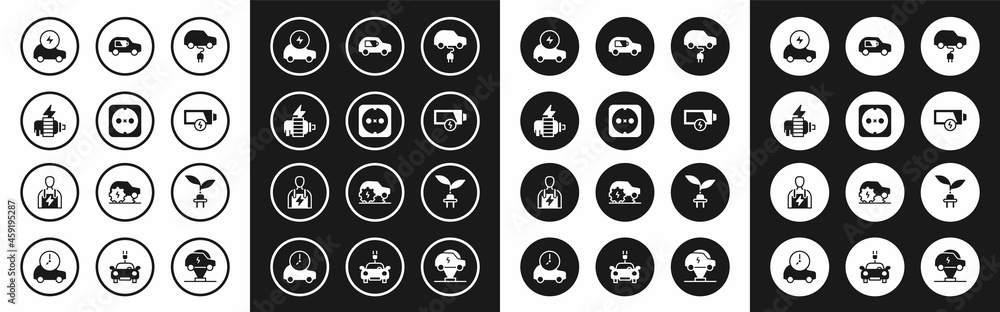 Set Electric car, Electrical outlet, motor, Low battery, saving plug in leaf and Car mechanic icon. Vector