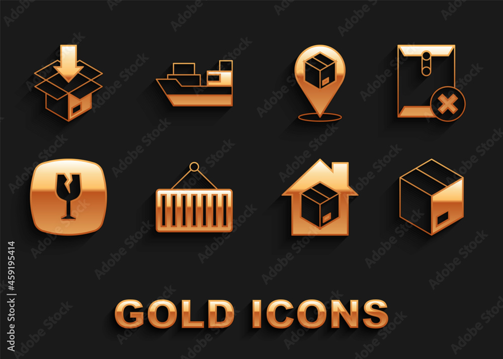 Set Container on crane, Delete envelope, Carton cardboard box, Home delivery services, Fragile broken glass, Location with, and Cargo ship boxes icon. Vector Set Container on crane, Delete envelope, Carton cardboard box, Home delivery services, Fragile broken glass, Location with, and Cargo ship boxes icon. Vector