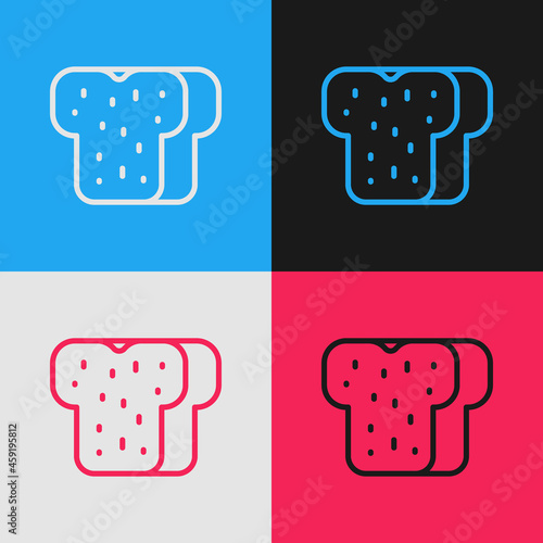 Pop art line Bread toast for sandwich piece of roasted crouton icon isolated on color background. Lunch, dinner, breakfast snack. Vector