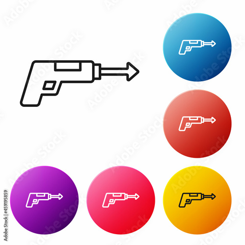 Black line Fishing harpoon icon isolated on white background. Fishery manufacturers for catching fish under water. Diving underwater equipment. Set icons colorful circle buttons. Vector