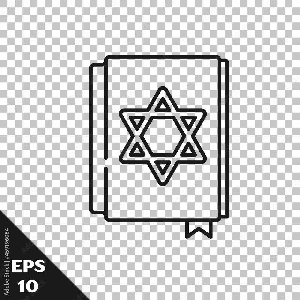 Black line Jewish torah book icon isolated on transparent background. Pentateuch of Moses. On the cover of the Bible is the image of the Star of David. Vector Black line Jewish torah book icon isolated on transparent background. Pentateuch of Moses. On the cover of the Bible is the image of the Star of David. Vector